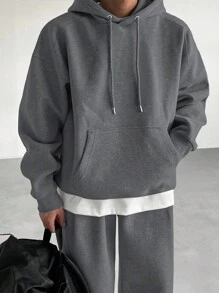 DAZY Men's Solid Color Hooded Sweatshirt With Pockets And Sweatpants Casual Suit Set, Autumn - Grey - View 4
