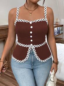 Calvaya Áo ba lỗ dây mảnh Colorblock cỡ lớn không tay cài nút phía trước đơn giản thường ngày áo thun họa tiết cho nữ - màu nâu - Xem 1