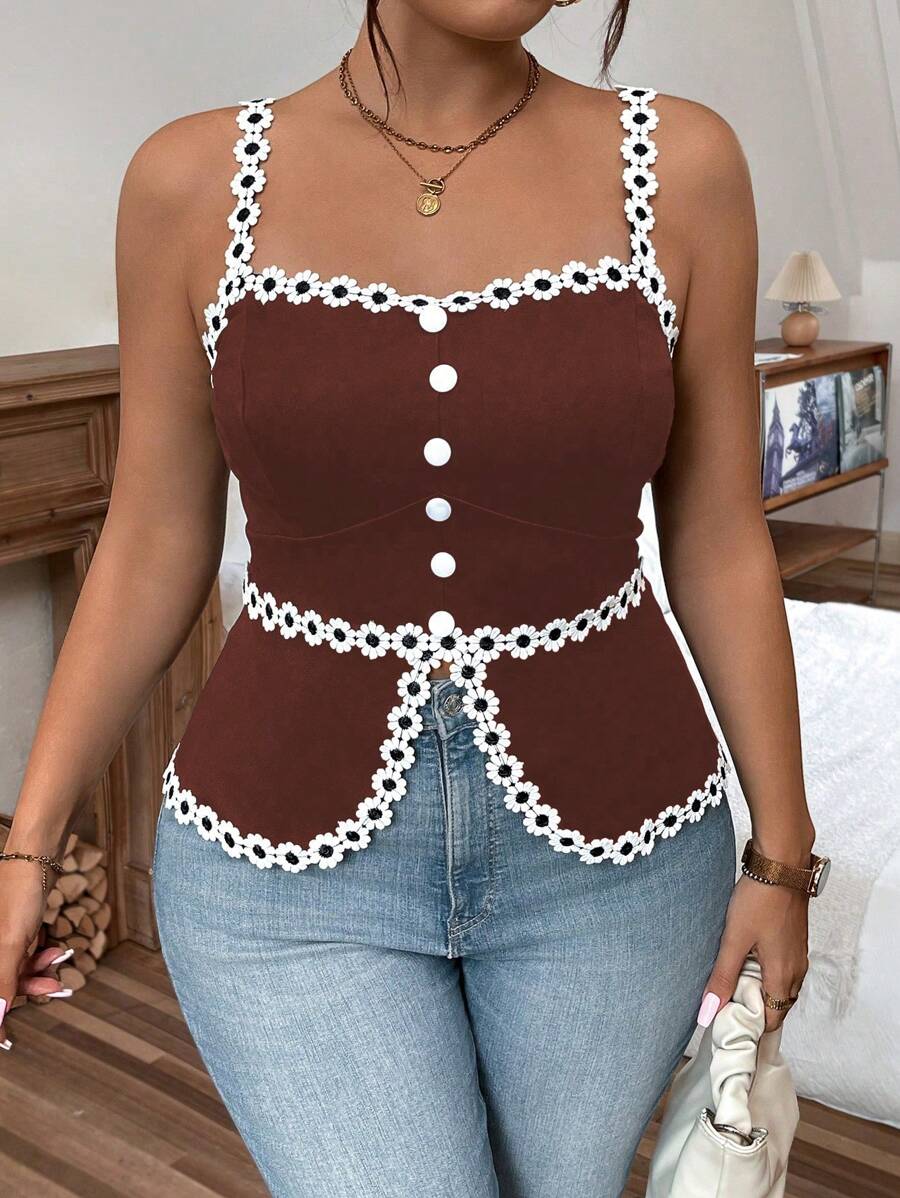 Calvaya Áo ba lỗ dây mảnh Colorblock cỡ lớn không tay cài nút phía trước đơn giản thường ngày áo thun họa tiết cho nữ - màu nâu - Xem 1