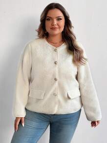 SHEIN CURVE+ Plus Size Women Casual Fluffy Short Jacket, Fashion Versatile Stylish Coat, White, Autumn/Winter
