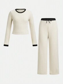 SHEIN Explorewe 2pcs/Set Tween Girl Casual Contrast Color Round Neck Top And Pants Set - Khaki - View 9