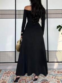 Chiquease 女士花卉刺绣单肩长袖收腰美人鱼连衣裙，秋冬季超长女装 - 黑色 - 查看 2