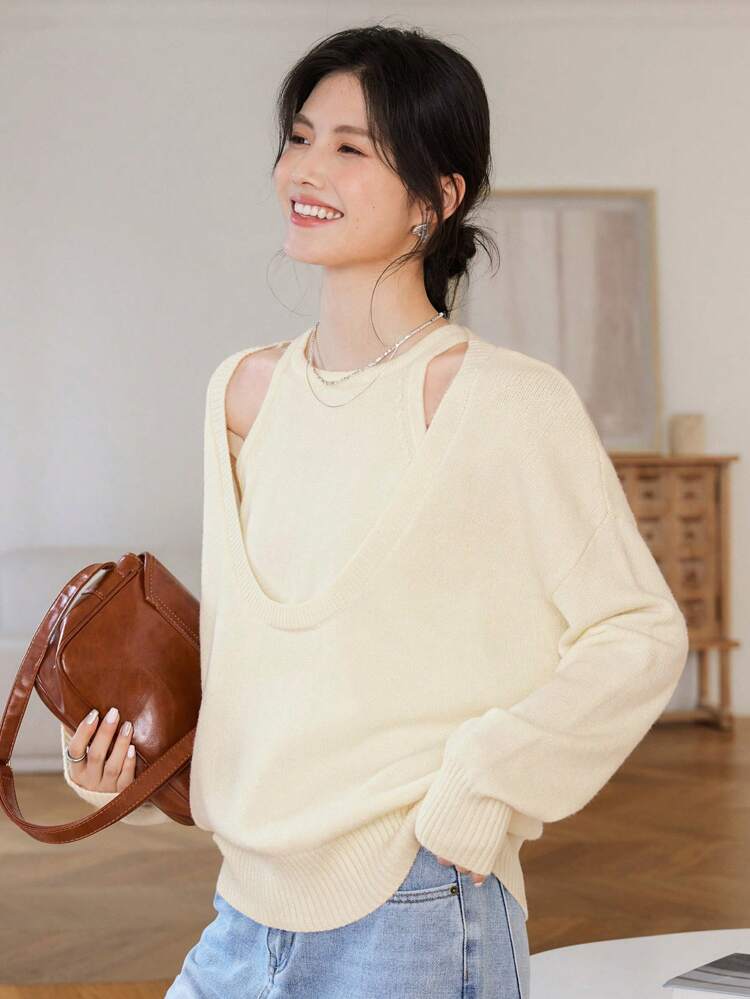 2pcs/Set Women Casual Camisole & Pullover Sweater, Minimalist Fashion For Daily Wear,Fall Clothes