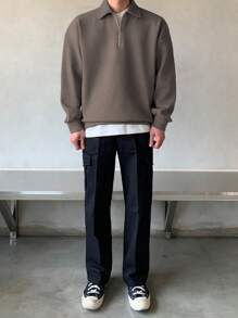 DAZY 男士休闲纯色简约卫衣，适合日常穿着，秋季新款，四分之一拉链设计 - 灰色 - 查看 3