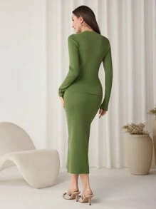 Modelyn 2pcs/Set Women Textured Fitted Elegant Knit Sweater Set 2 Pieces Set - Army Green - View 2