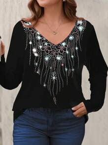 Plus Size Women's Tassel Random Print V-Neck Long Sleeve T-Shirt Graphic Tees Women Tops For Spring