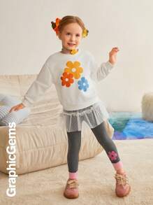 年轻女孩花卉印花松紧腰休闲紧身裤 - 灰色 - 查看 4