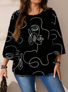 EMERY ROSE Women Plus Size Loose Fit Allover Print Round Neck 3/4 Sleeve Blouse Fall Clothes Chic Blouses For Women