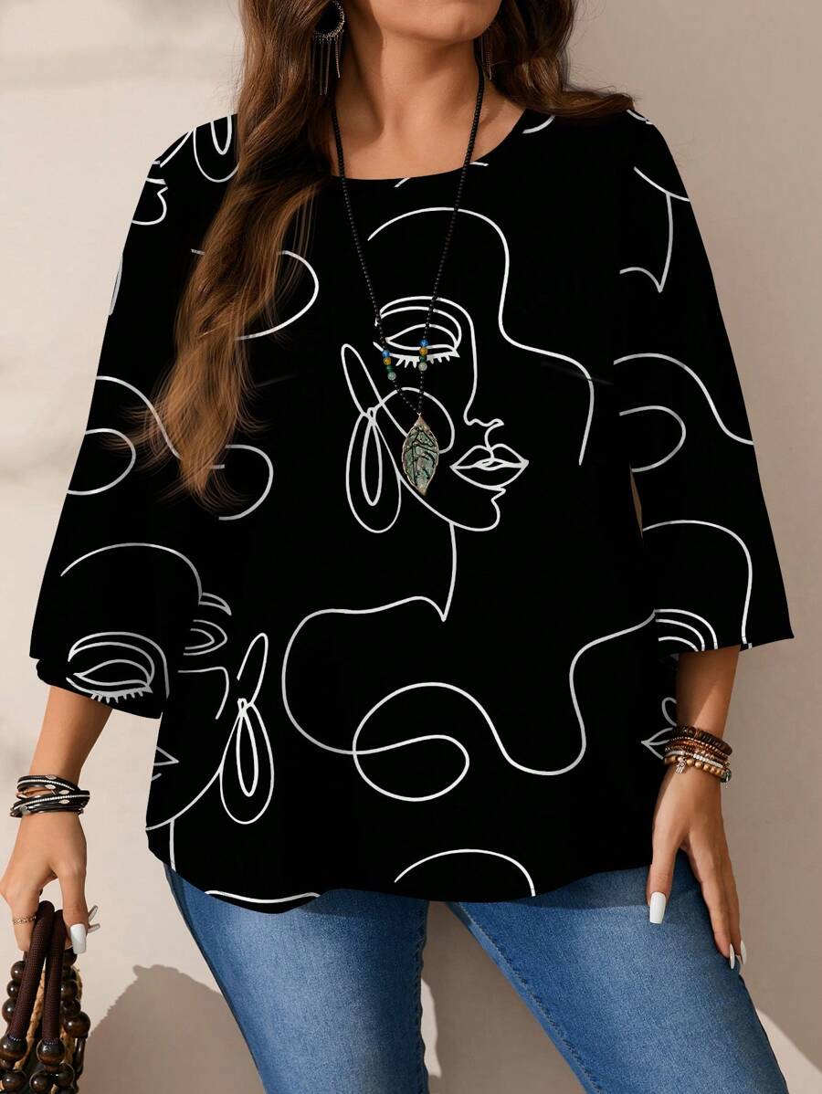 EMERY ROSE Women Plus Size Loose Fit Allover Print Round Neck 3/4 Sleeve Blouse Fall Clothes Chic Blouses For Women