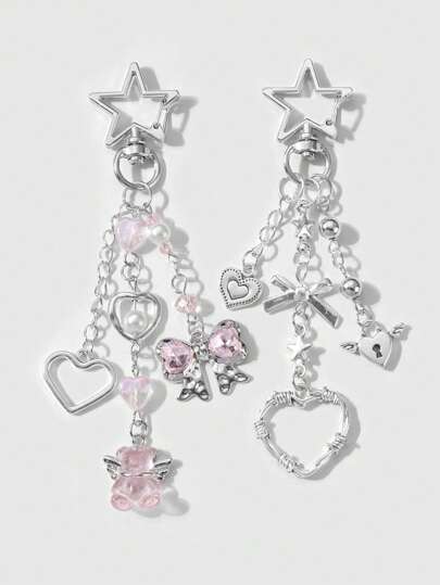 Kawaii 2pcs Y2K Chic & Stylish Silver Star Chain Hollow Thorn Heart Crystal Bow Butterfly Wings Teddy Bear Lock Key Chain Bag Charm Combo Set, Suitable For Sisters, Girlfriends, Couples, Friends Daily Wear, Festive Gift