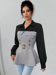 Calvaya Women's Casual Splice Shirt Collar Button-Up Cinched Waist Waist Long Sleeve Shirt, Elegant For Office Work And Daily Wear