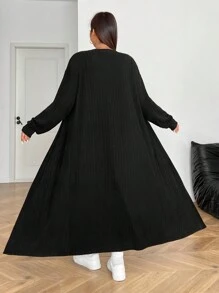 SHEIN EZwear 大码女式长款黑色开衫搭配无袖条纹连衣裙 - 黑與白 - 查看 3