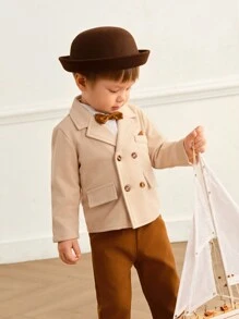 Souflis Souflis 2pcs Baby Boys Khaki Lapel Double-Breasted Wool Blend Jacket And Brown Trousers Gentleman Suit Set With Bow Tie , Suitable For Autumn/Winter Occasions Like Outing, Party, Christmas, Daily Wear, Adorable & Comfortable Little Gentleman Outfit