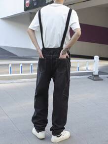Manfinity Homme Men's Wide Strap Button Pocket Simple Casual Denim Bib Overalls