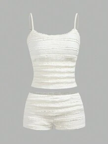 Muchica 女士休闲百搭纯色吊带背心和短裤 2 件套 - 粉色 - 查看 1