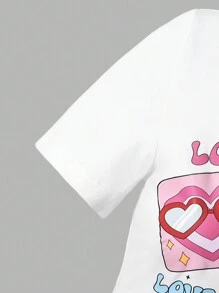 SHEIN ChillGRL 2pcs/Set Teenage Girls Heart Print Round Neck Long Sleeve Cropped Top And Loose Cargo Pocket Wide Leg Pants Casual Suit, Pink Heart Valentine's Day Edition, Suitable For Daily Wear - Multicolor - View 4