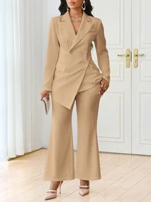 SHEIN Lady 秋冬春夏复古演唱会/音乐节端庄工作办公室休闲优雅鸡尾酒会情人节“白色编织翻领直筒不对称裹身单件袖新品合身长袖女套装 - 駝色 - 查看 5