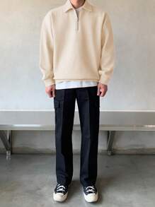 DAZY Sweat-shirt minimaliste à manches longues avec fermeture éclair à l'avant de couleur unie pour homme, pour un port casual quotidien, convient pour le tennis - Blanc - Voir 3