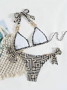 SHEIN Swim Print Sexy Bikini For Women, Beach Vacation Swimwear With Spaghetti Straps, Whitening S Summer