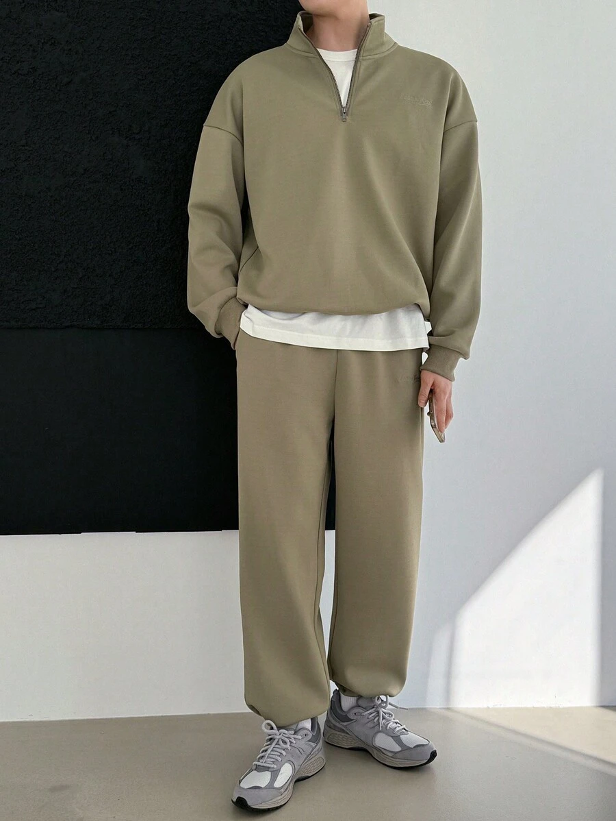 DAZY Men's Solid Color Drop Shoulder Quarter Zip Pullover & Sweatpants Casual Set, Autumn, Cozy Outfits - Green - View 1