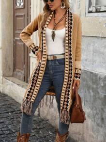 SHEIN LUNE 1pc Women Geometric Print Patchwork Long Sleeve Cardigan With Pockets, Casual Style, Autumn/Winter