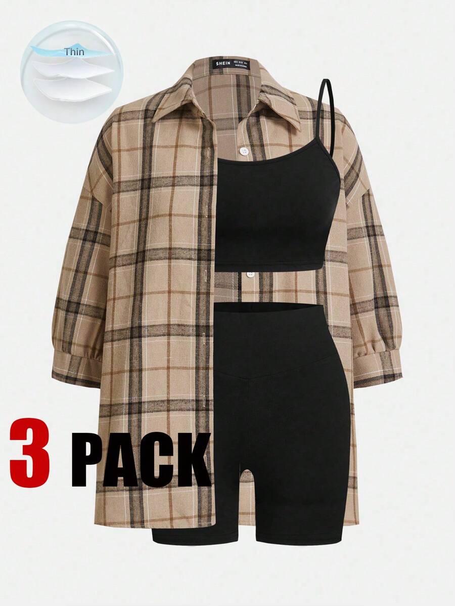 3 pièces/set Chemise à carreaux kaki décontractée sport chic pour jeunes filles, débardeur ajusté et shorts de vélo, convient pour la maison et l'école