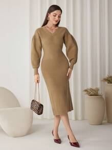 Modelyn Women's Solid Color V-Neck Elegant Long Sleeve Sweater Dress - Camel - View 5