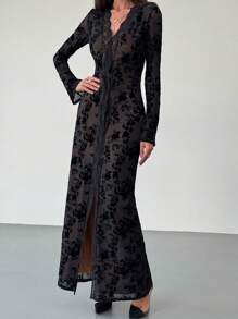 Aloruh 长袖 V 领高开叉长款植绒女式连衣裙，适合浪漫约会 - 黑色 - 查看 4