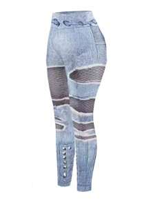 SHEIN Unity Full Pattern Elastic Waist Skinny Casual Pants Fall Cloth For Women - Blue - View 3
