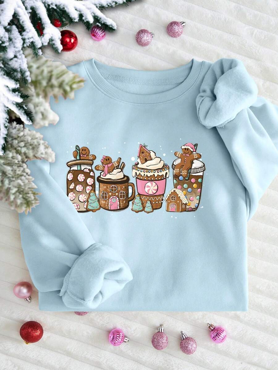 INAWLY 女士姜饼人印花圆领长袖羊毛运动衫，秋冬季休闲款 - 淺藍色 - 查看 1