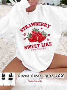 SHEIN CURVE+ Casual Strawberry Pattern Crew Neck Long Sleeve Plus Size Sweatshirt, Suitable For Autumn And Winter - White - View 1