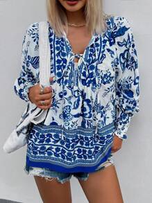 SHEIN Unity Fashionable Casual V-Neck Long Sleeve Scattered Ditsy Floral Placement Floral Shirt Top Fall Cloth For Women - Blue and White - View 7