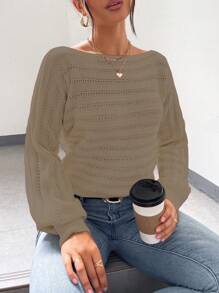 SHEIN LUNE Women's Casual Daily Boat Neck Loose Solid Color Sweater, Autumn/Winter Knit Pullover Fall - Brown - View 3