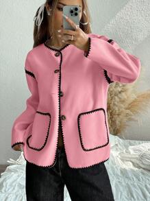 SHEIN EZwear 秋季女士休闲前排扣宽松大衣 - 粉色 - 查看 3