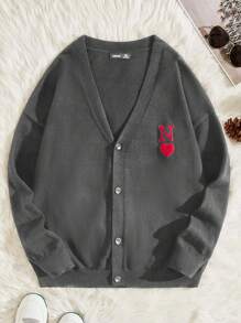 Manfinity VCAY Men's Letter And Heart Embroidery V-Neck Button Front Long Sleeve Cardigan - Grey - View 1