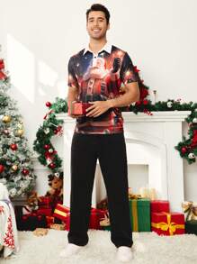 Manfinity NXTstreet Polo a maniche lunghe da uomo con collo alla coreana, vestibilità slim, stampa di Babbo Natale, adatta per l'autunno, per il Natale - Multicolore - Visualizzare 2