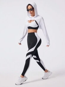 Easithlete 女士纯色抽绳连帽运动衫和撞色缝线吊带紧身裤运动套装连帽衫套装 - 彩色 - 查看 6