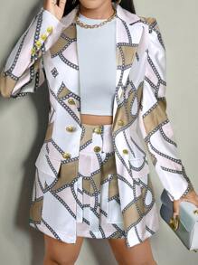SHEIN Clasi 全印花双排扣长袖西装外套 + 裙子优雅套装 - 彩色 - 查看 4