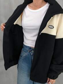 FRIFUL 女士秋冬字母图案撞色拉链前开襟夹克女式外套 - 黑色 - 查看 7