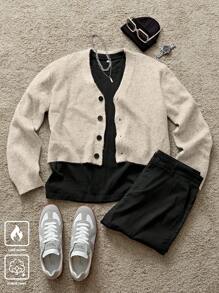 Manfinity Hypemode Men's Solid Color Single-Breasted Casual Loose Cardigan, Autumn/Winter - Apricot - View 2