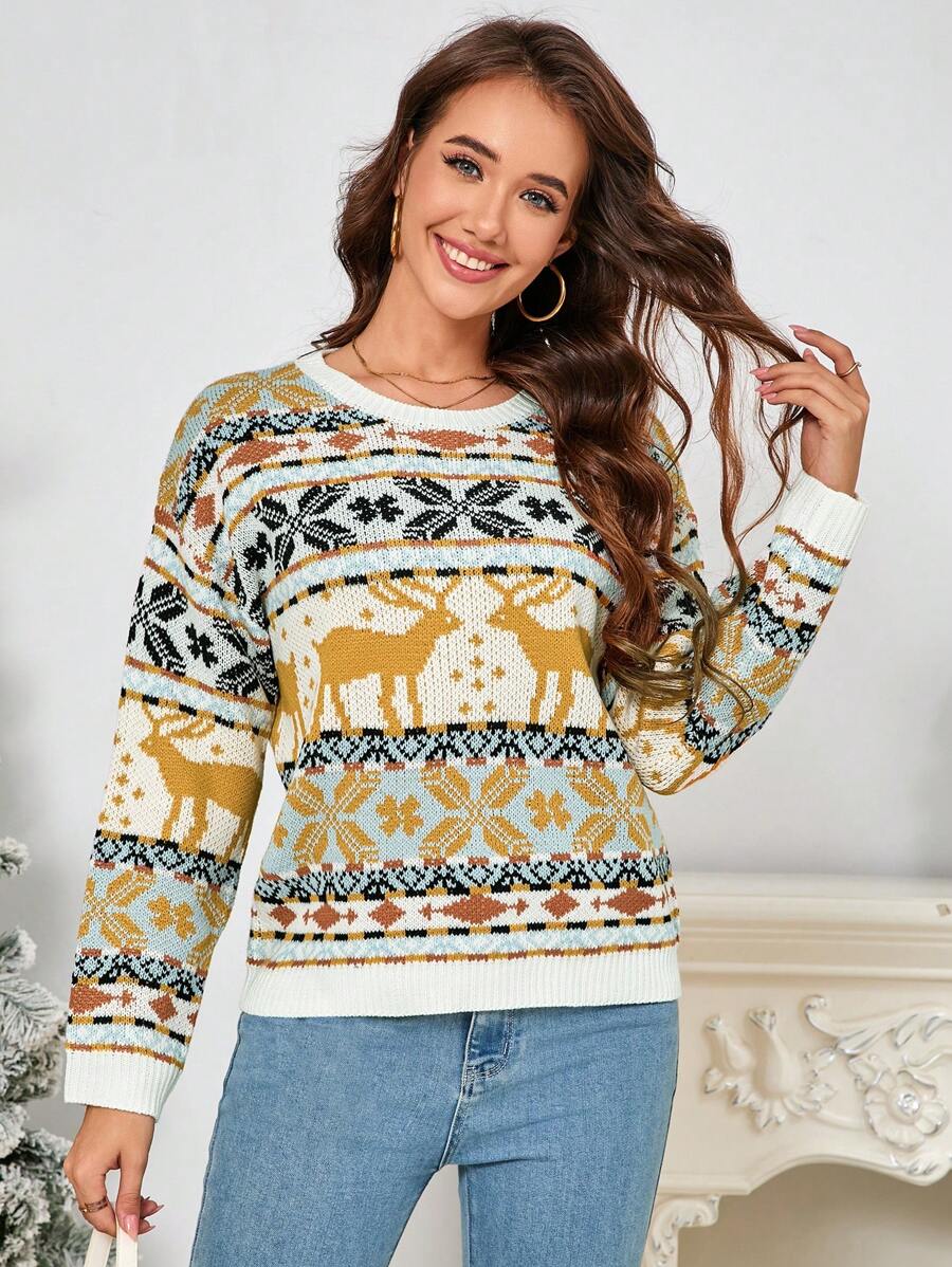 Chiquease Women Casual Everyday Deer Pattern Round Neck Sweater, Autumn/Winter Knit Pullover Fall - Yellow - View 1