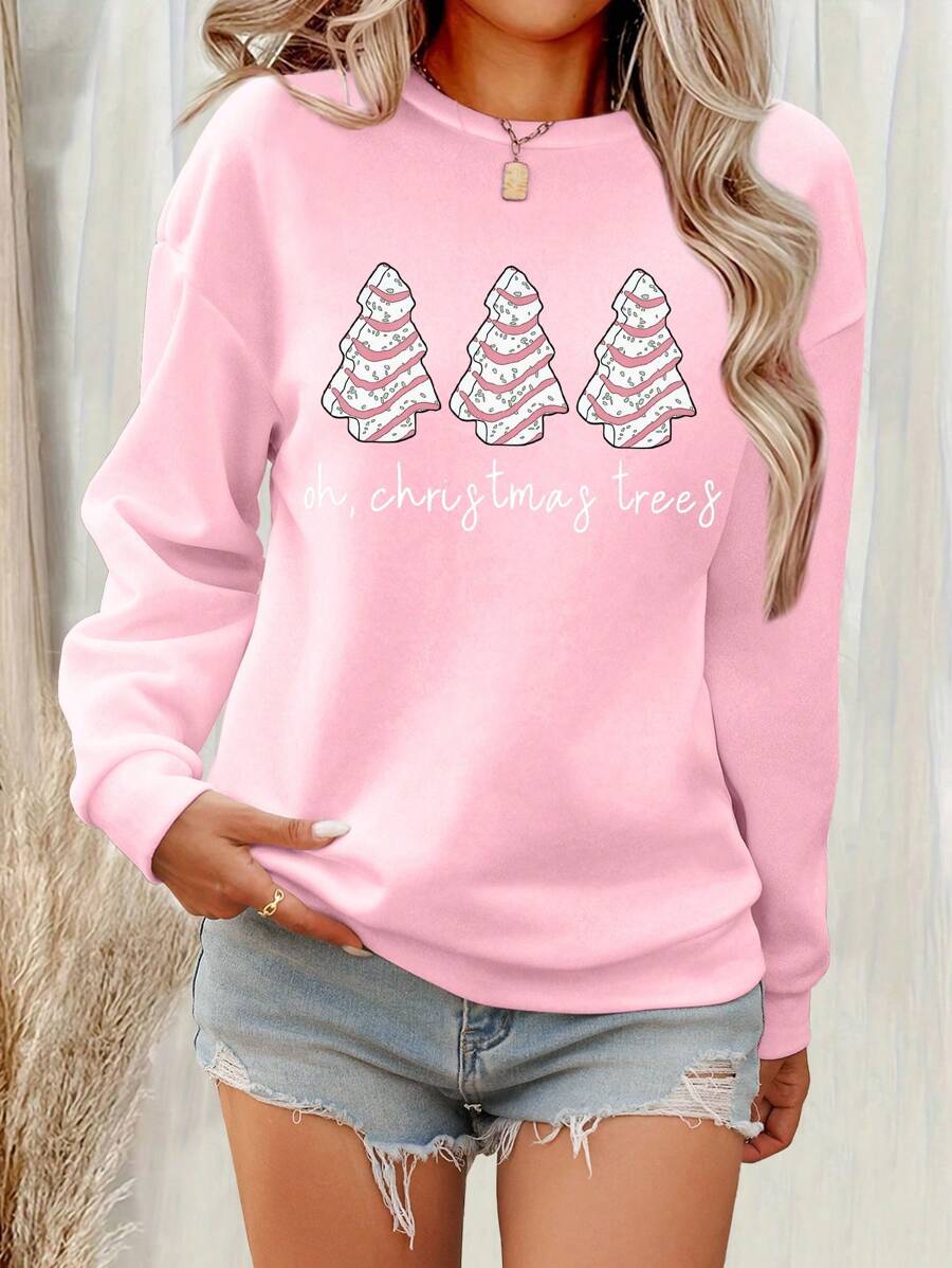INAWLY 女士圣诞树标语印花圆领套头卫衣，秋季款 - 粉色 - 查看 1