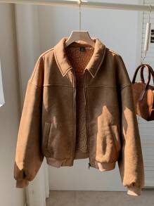 Comfortcana Women's New Autumn/Winter Deer Suede Fur Lining Jacket - Brown - View 6