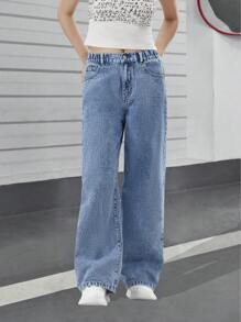 SHEIN Explorewe 青少年女孩 Y2K 休闲复古街头风格重度洗水雪花破洞牛仔裤，适合圣诞节 - 中等水洗藍 - 查看 5