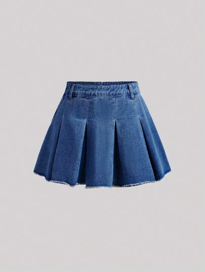 SHEIN Girlism Teen Girl Plain Color Pleated Casual Versatile Denim Skirt