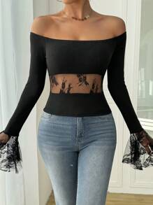 Chiquease Solid Color Off Shoulder Tight Fitting Lace Patchwork Elegant Long Sleeve T-Shirt - Black - View 7