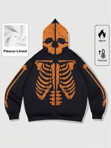 ROMWE MEN Goth Men Casual Skeleton Graphic Printed Zipper Hoodie, Halloween - Black - View 1