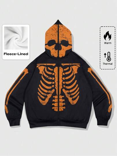 Goth Sudadera con capucha casual para hombres con cremallera y gráfico impreso de esqueleto
