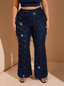 SHEIN BAE Pantalones acampanados de mujer talla grande de color negro sólido con cuentas y flecos elegantes para fiestas y Halloween, atuendos para graduación, regreso a la escuela y maestras - Azul Marino - Ver 2