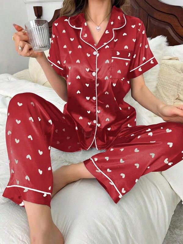 Heart Trimmed Faux Silk Short Sleeve Top & Pants Pajama Set, Vacation